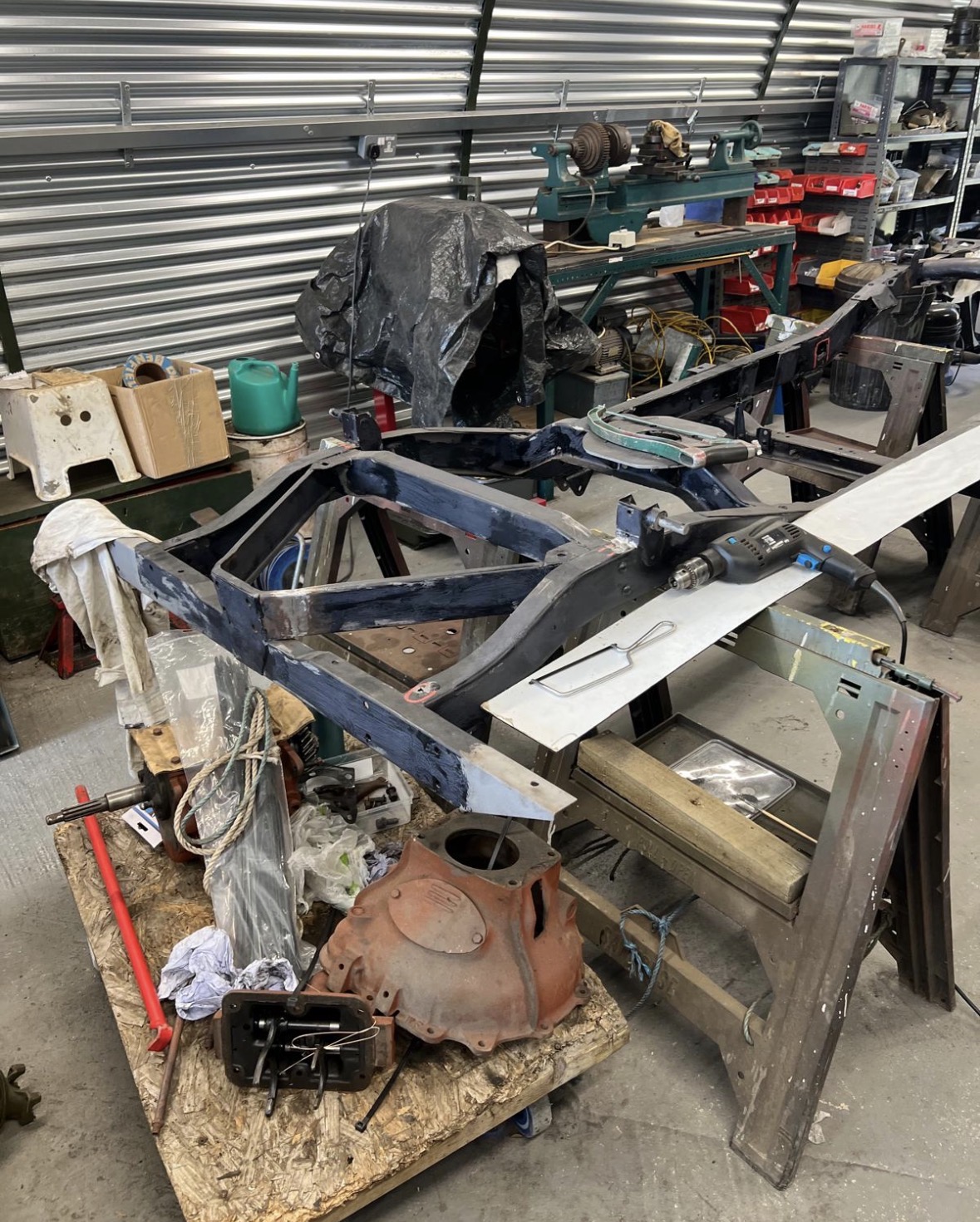 Willys Jeep chassis prepared for restoration